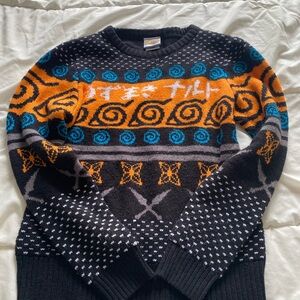 Naruto Patterned Black Crewneck Sweater with Orange & Teal Accents - Kids Size L